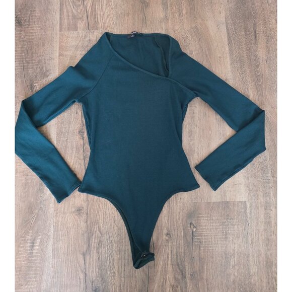 Lulus Tops - Lulus Forest Green Ribbed Long Sleeve Asymmetrical Bodysuit XL